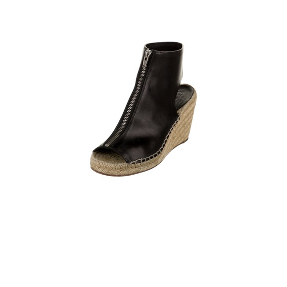 Celine Leather Espadrille Wedge Sandals Womens 7 Black Good Front Zip Peep Toe - Picture 3 of 6